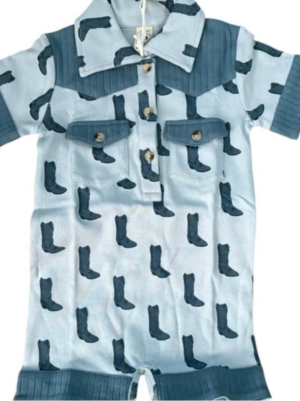 Kate Quinn-short sleeve blue cowboy boot print union suit shortie jumpsuit-new